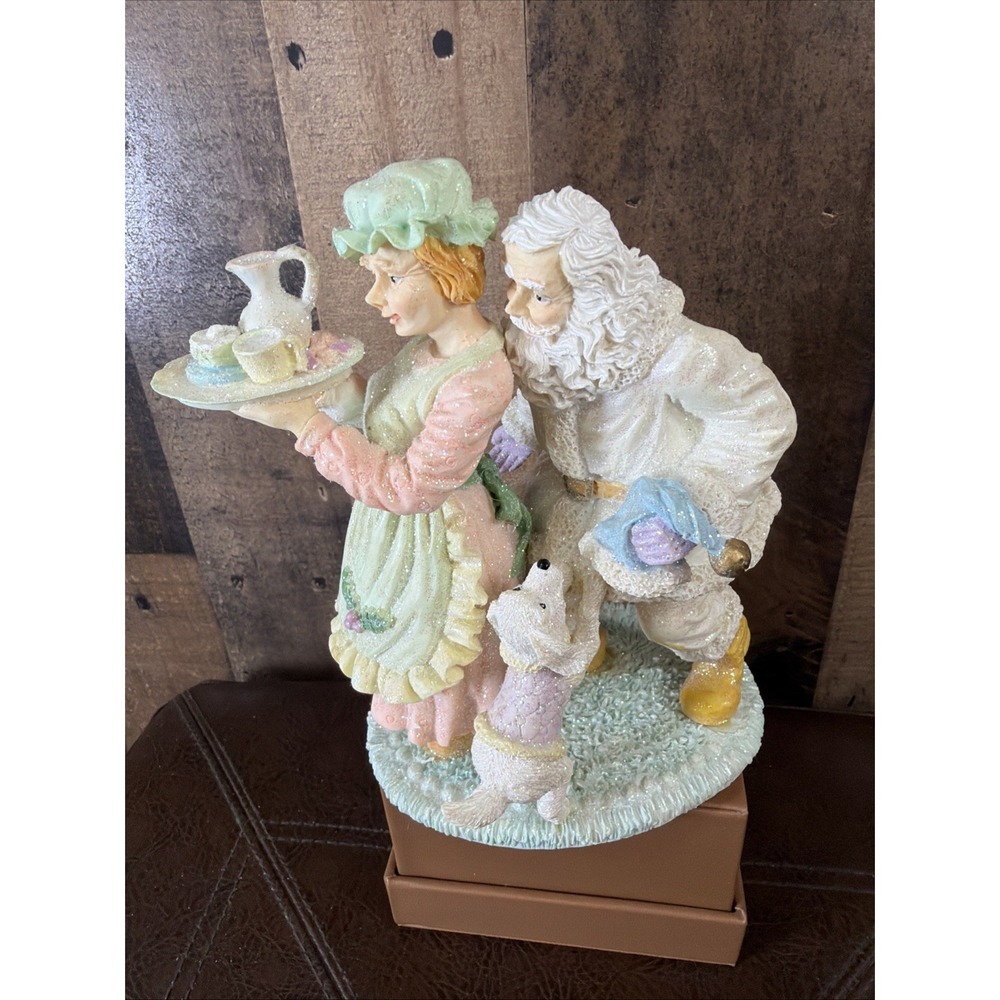 VTG 1990s Sears Pastel Santa Claus Figurine Mrs Claus Dog Resin Glitter W/‎ Box - Picture 2 of 16